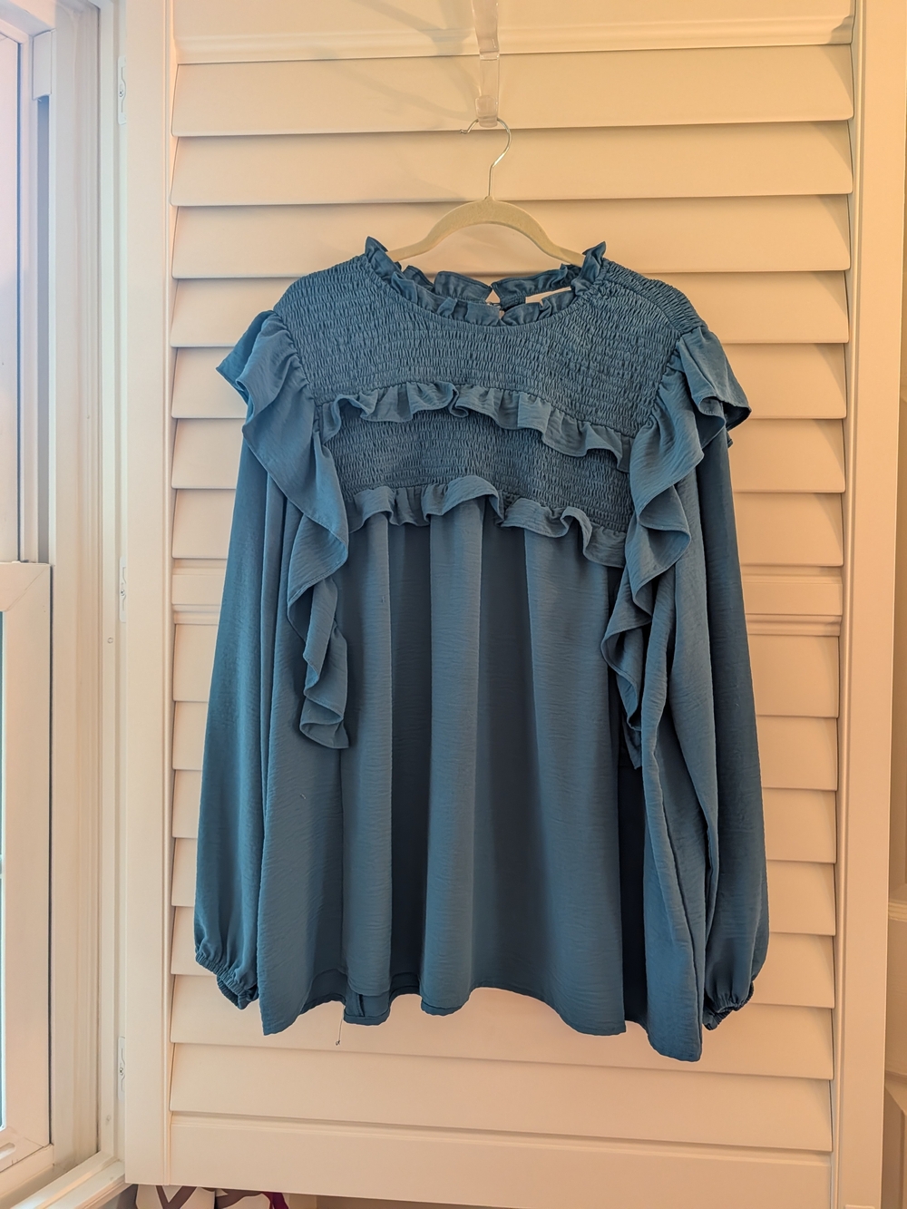 ODDY Ruffled Smocked Long-Sleeve Top - Dusty Blue